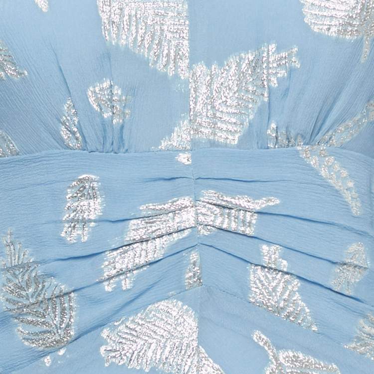 Pre Owned Rixo Simone Blue Lurex Brocade Crepe V-Neck Long Dress XXS