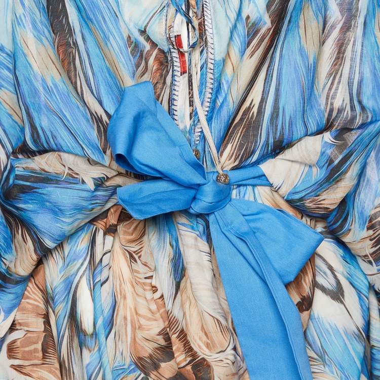 Pre Owned Roberto Cavalli Beachwear Blue Printed Cotton & Silk Kaftan L/XL