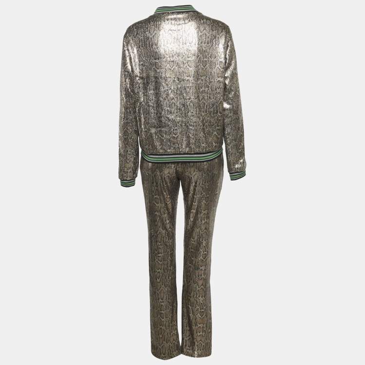 مملوكة مسبقًا Roberto Cavalli Gym Metallic Gold Snakeskin Patterned Polyester Sequin Sweatshirt & Jogger Set M