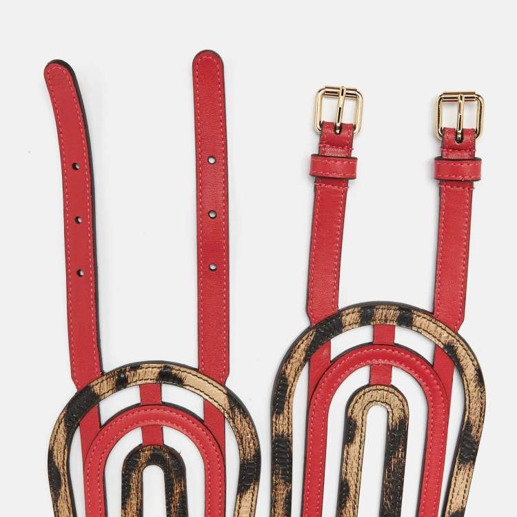 Pre Owned Roberto Cavalli Pink/Beige Leopard Print Leather Strappy Wide Belt 75CM