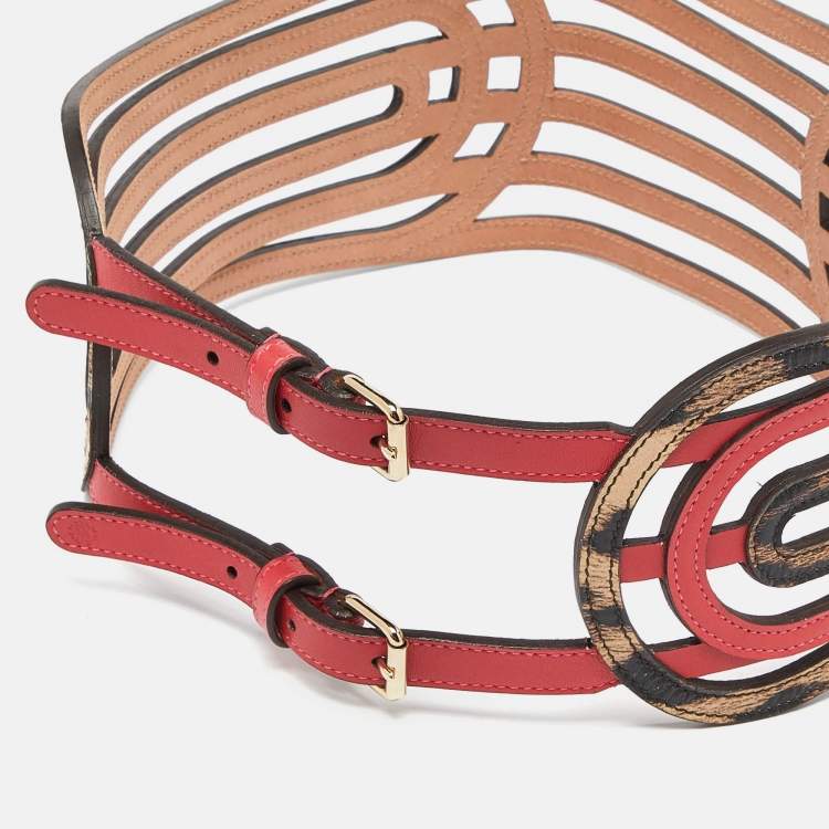 Pre Owned Roberto Cavalli Pink/Beige Leopard Print Leather Strappy Wide Belt 75CM