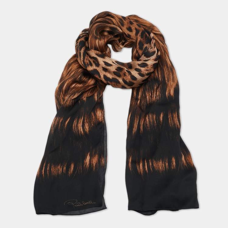 Pre Owned Roberto Cavalli Black/Brown Leopard Print Silk Scarf 