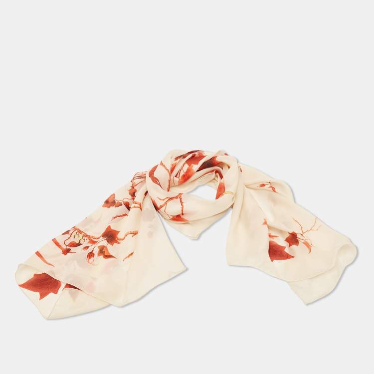 Pre Owned Roberto Cavalli Cream Bird and Leave Print Silk Rectangular Stole 