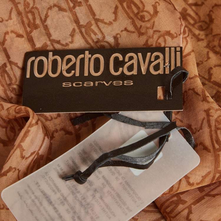 Pre Owned Roberto Cavalli Brown Logo Printed Silk Scarf