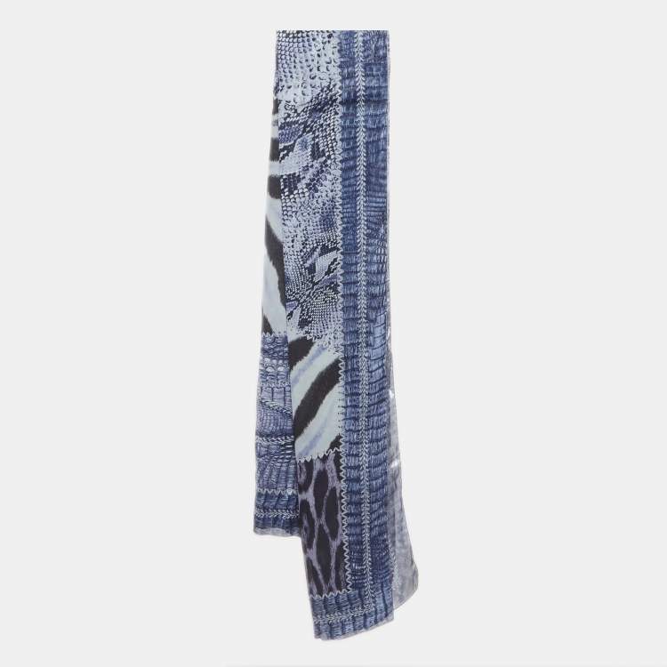Pre Owned Roberto Cavalli Blue Snake Print Silk Metallic Stole