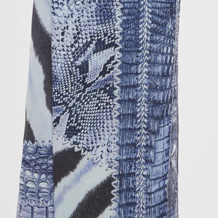 Pre Owned Roberto Cavalli Blue Snake Print Silk Metallic Stole