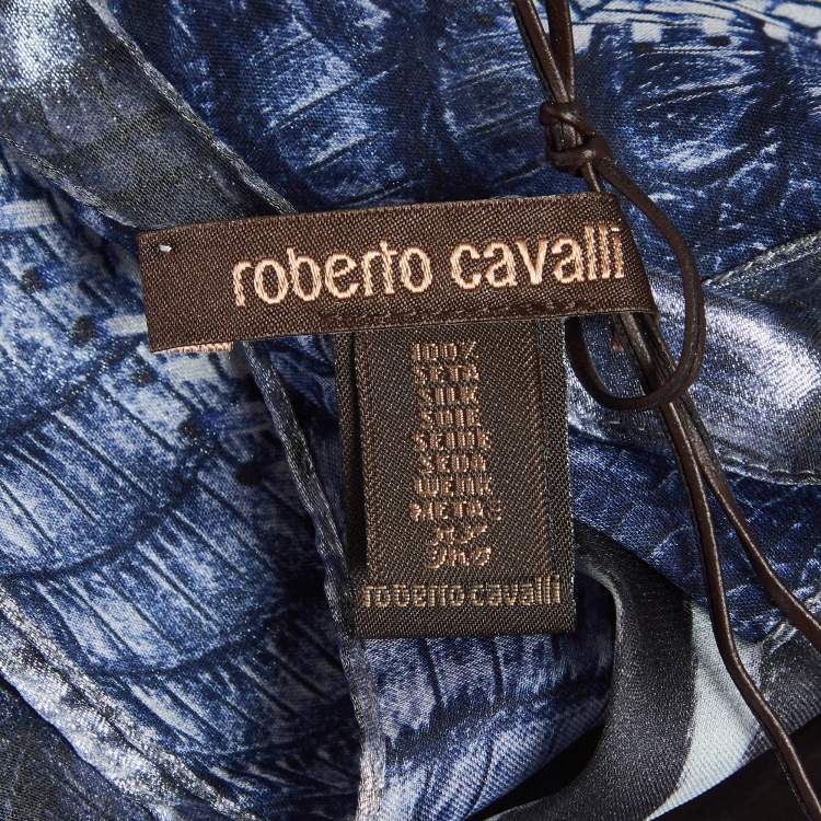 Pre Owned Roberto Cavalli Blue Snake Print Silk Metallic Stole