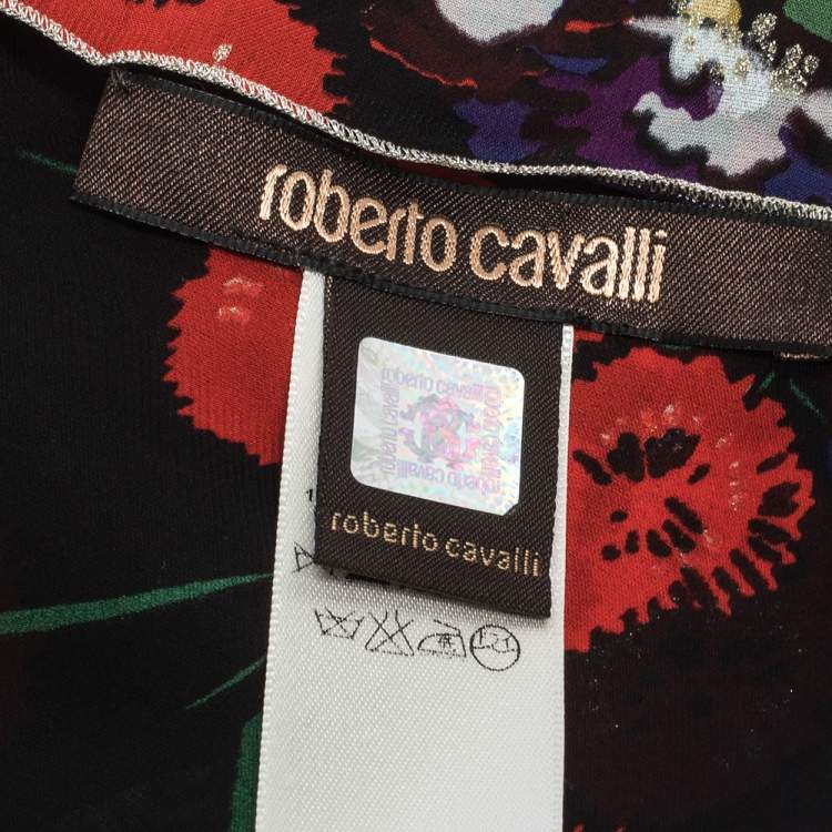 Pre Owned Roberto Cavalli Black Shimmer Floral Print Silk Stole