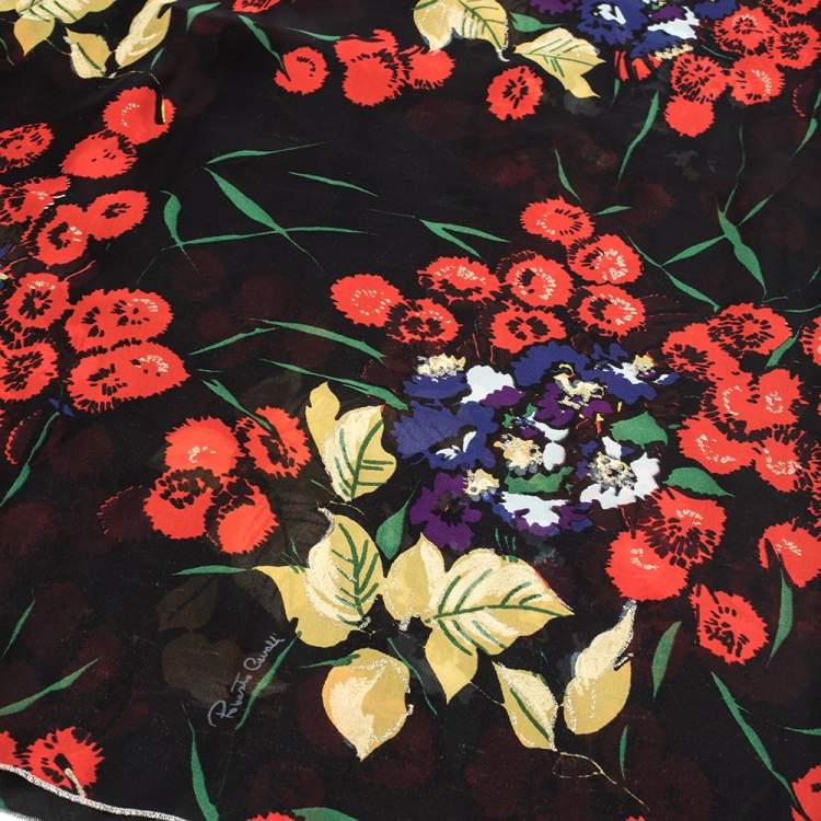 Pre Owned Roberto Cavalli Black Shimmer Floral Print Silk Stole