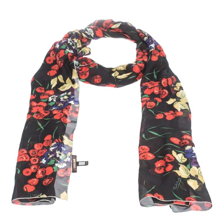 Pre Owned Roberto Cavalli Black Shimmer Floral Print Silk Stole