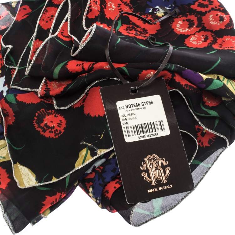 Pre Owned Roberto Cavalli Black Shimmer Floral Print Silk Stole