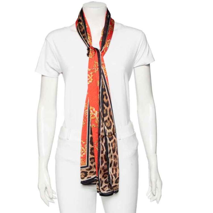 Pre Owned Roberto Cavalli Red Logo & Animal Print Silk Scarf