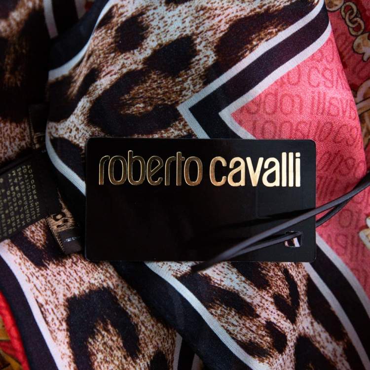 Pre Owned Roberto Cavalli Red Logo & Animal Print Silk Scarf