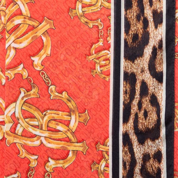 Pre Owned Roberto Cavalli Red Logo & Animal Print Silk Scarf