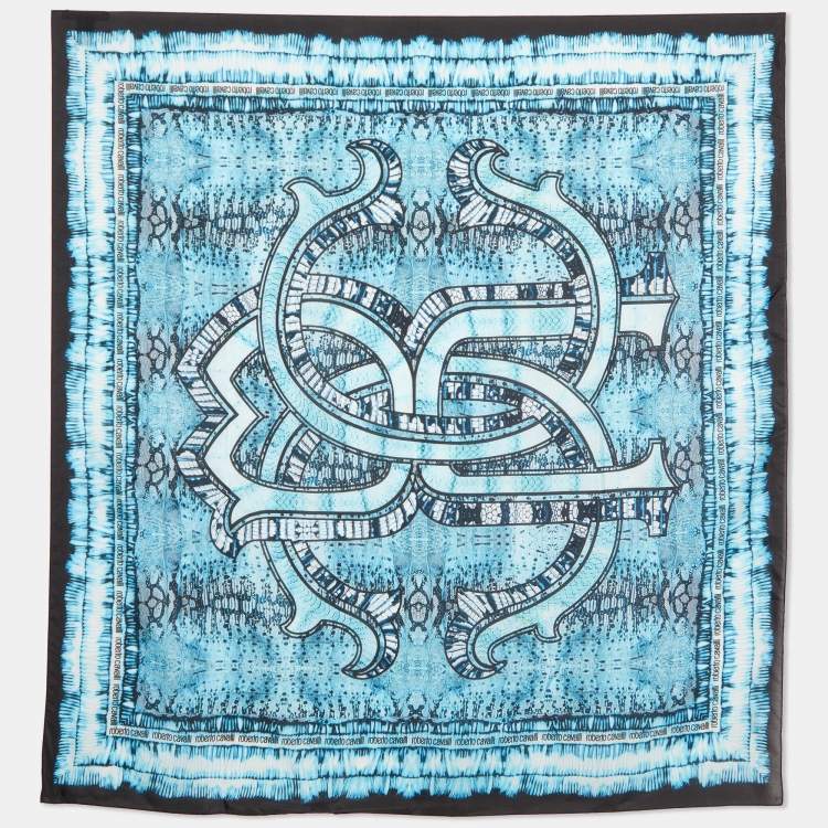 Pre Owned Roberto Cavalli Blue & Black Printed Silk Square Scarf
