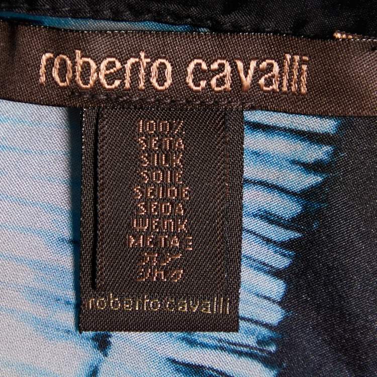 Pre Owned Roberto Cavalli Blue & Black Printed Silk Square Scarf