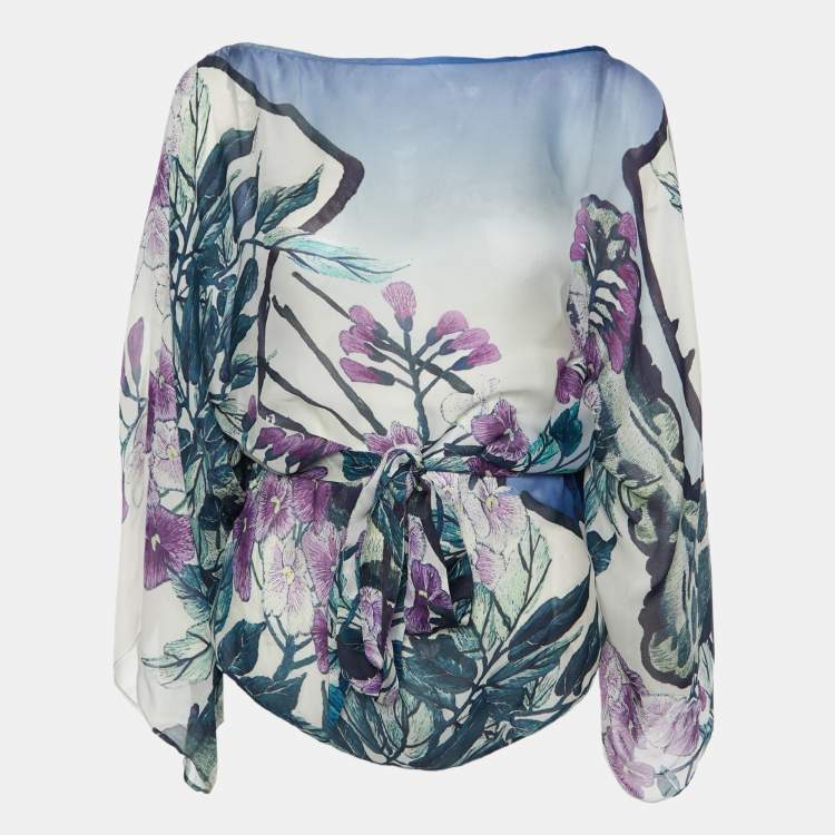 Pre Owned Roberto Cavalli Blue Printed Silk Kaftan Top M