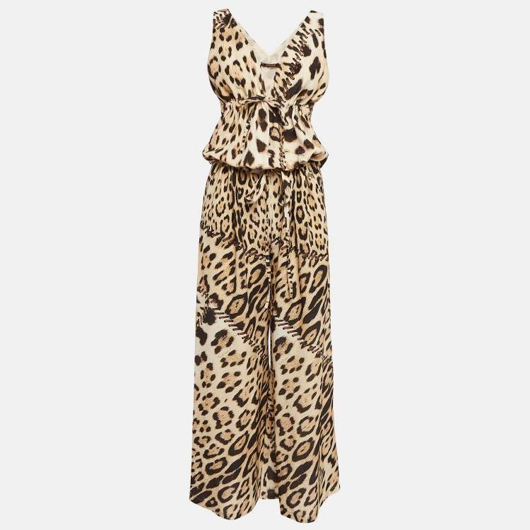 Pre Owned Roberto Cavalli Brown Leopard Print Silk Jumpsuit M