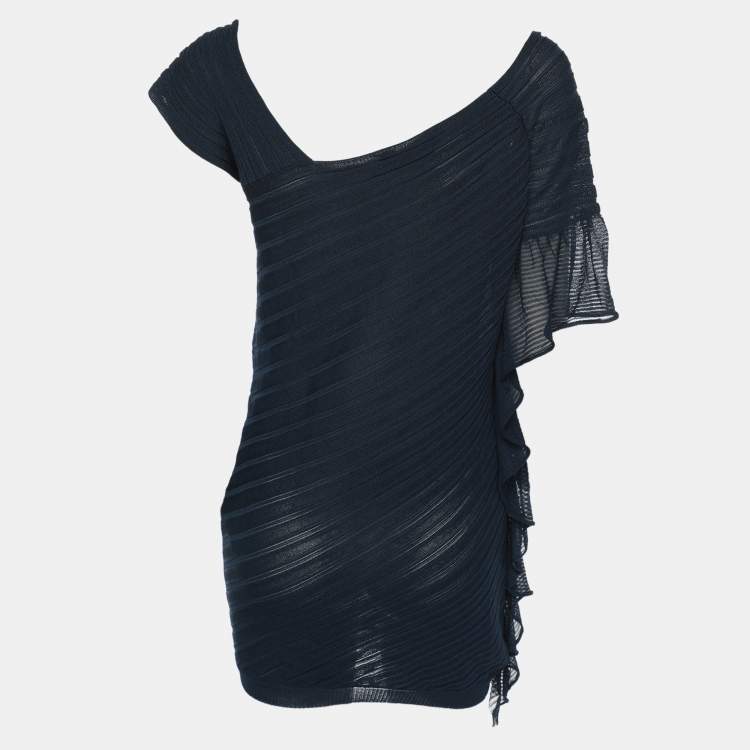 مملوكة مسبقًا Roberto Cavalli Navy Blue Knit Ruffled Detail Top M 