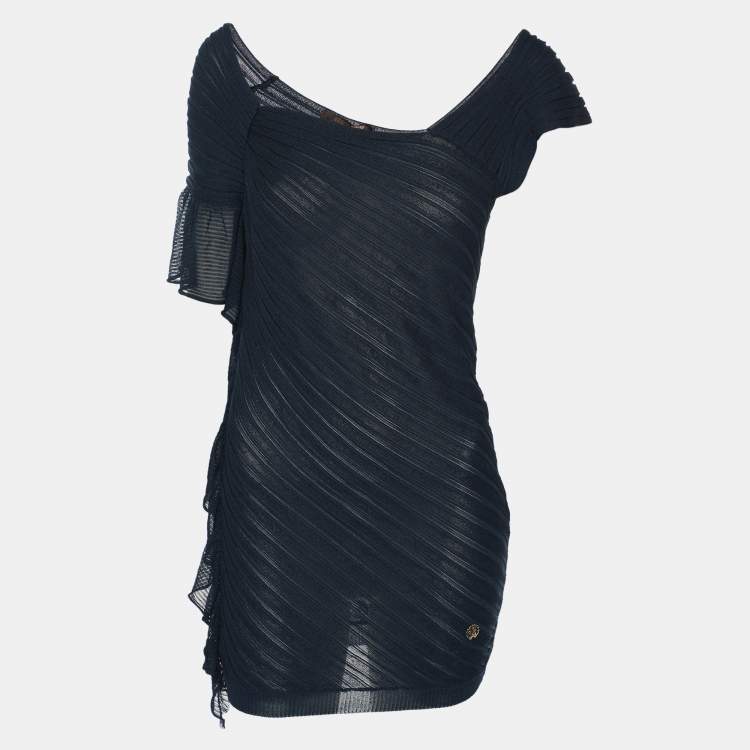 مملوكة مسبقًا Roberto Cavalli Navy Blue Knit Ruffled Detail Top M 