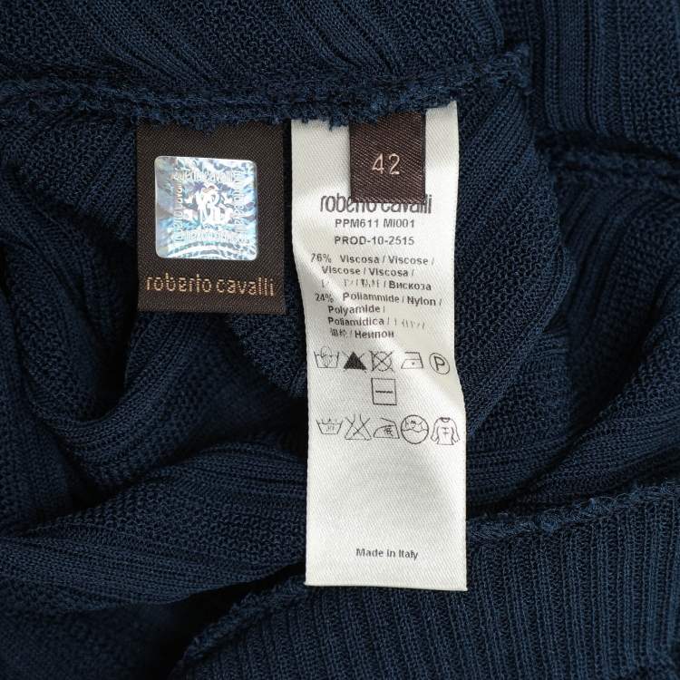 مملوكة مسبقًا Roberto Cavalli Navy Blue Knit Ruffled Detail Top M 