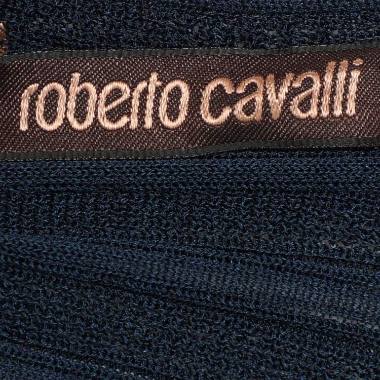 مملوكة مسبقًا Roberto Cavalli Navy Blue Knit Ruffled Detail Top M 