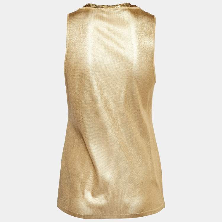 Pre Owned Roberto Cavalli Gold Knit Sequin Embellished Sleeveless Top M