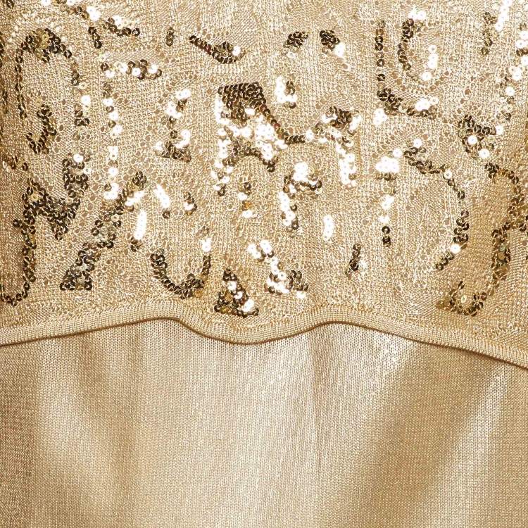 Pre Owned Roberto Cavalli Gold Knit Sequin Embellished Sleeveless Top M