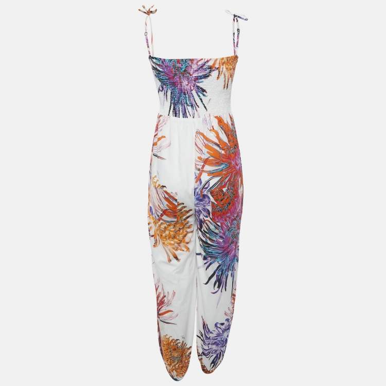 Pre Owned Roberto Cavalli White Floral Print Cotton Smock Detail Jumpsuit S