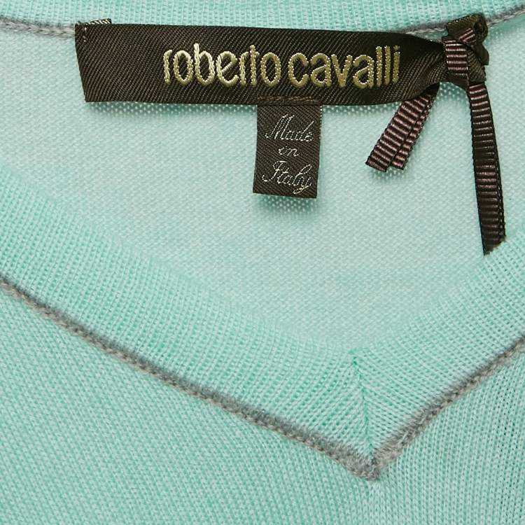 Pre Owned Roberto Cavalli Blue Cotton V-Neck Long Sleeve Sweater XXL