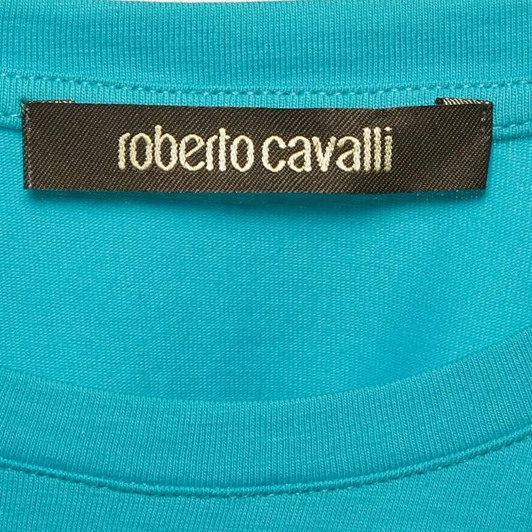 Pre Owned Roberto Cavalli Blue Logo Print Jersey T-Shirt M