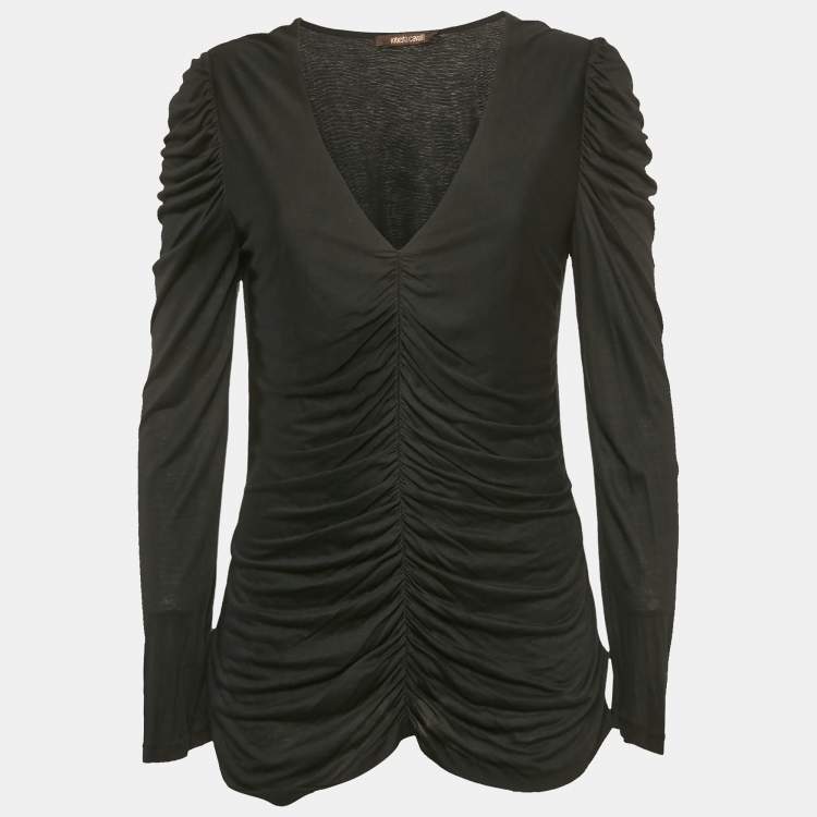 Pre Owned Roberto Cavalli Black Ruched Jersey Top L