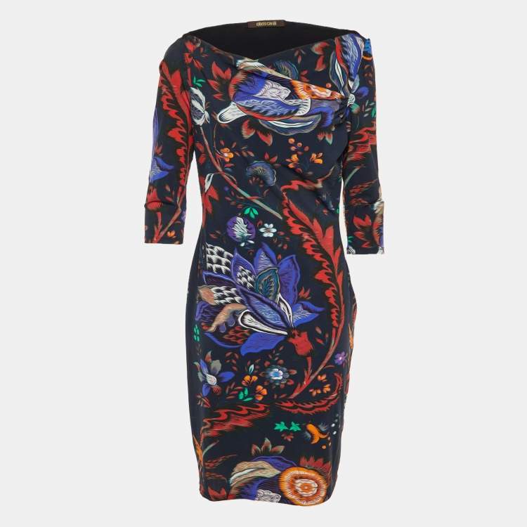 Pre Owned Roberto Cavalli Midnight Blue Printed Jersey Knee Length Dress L