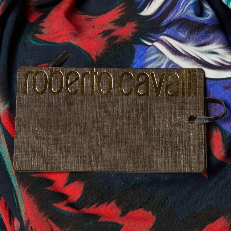 Pre Owned Roberto Cavalli Midnight Blue Printed Jersey Knee Length Dress L