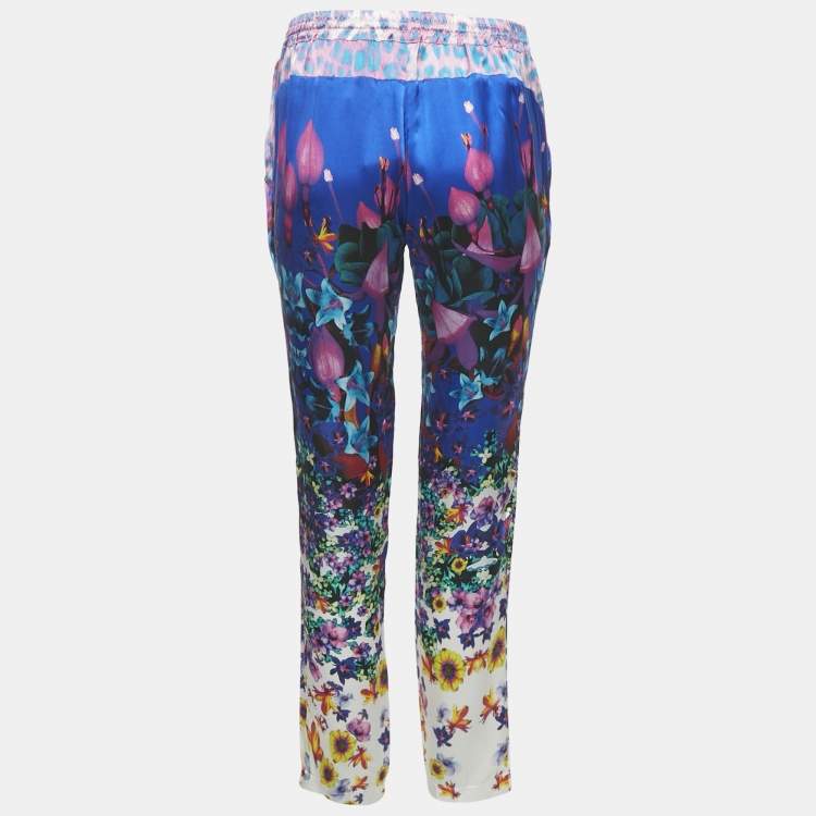 Pre Owned Roberto Cavalli Blue Floral Print Stain Trousers L