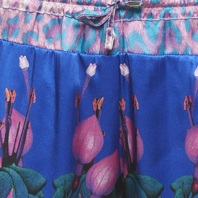 Pre Owned Roberto Cavalli Blue Floral Print Stain Trousers L