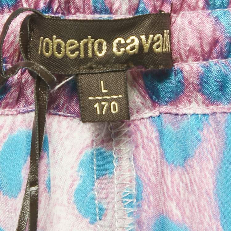 Pre Owned Roberto Cavalli Blue Floral Print Stain Trousers L