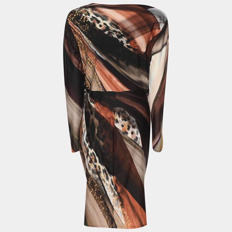 Pre Owned Roberto Cavalli Multicolor Animal Print Stretch Crepe Piercing Draped Midi Dress L