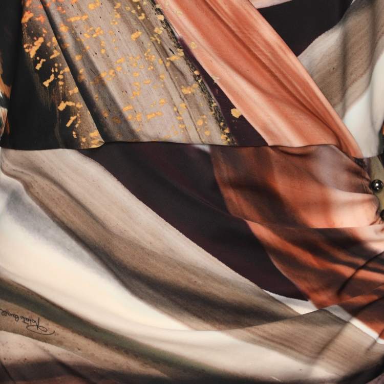 Pre Owned Roberto Cavalli Multicolor Animal Print Stretch Crepe Piercing Draped Midi Dress L