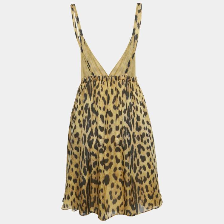 Pre Owned Roberto Cavalli Brown Leopard Print Silk Mini Dress M