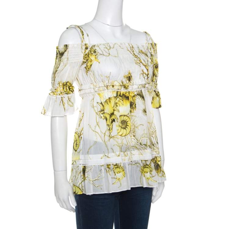 Pre Owned Roberto Cavalli White and Yellow Floral Printed Cotton Off Shoulder Blouse M