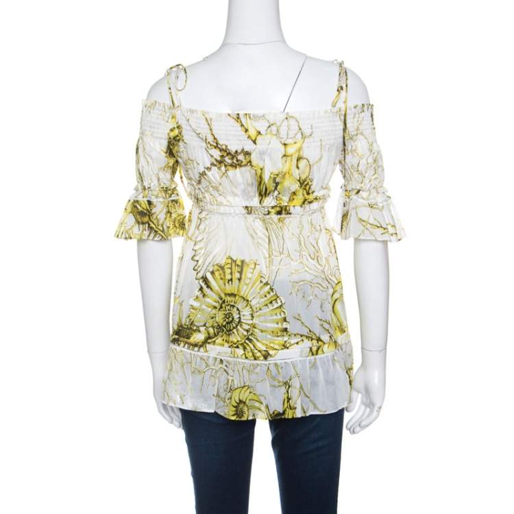 Pre Owned Roberto Cavalli White and Yellow Floral Printed Cotton Off Shoulder Blouse M