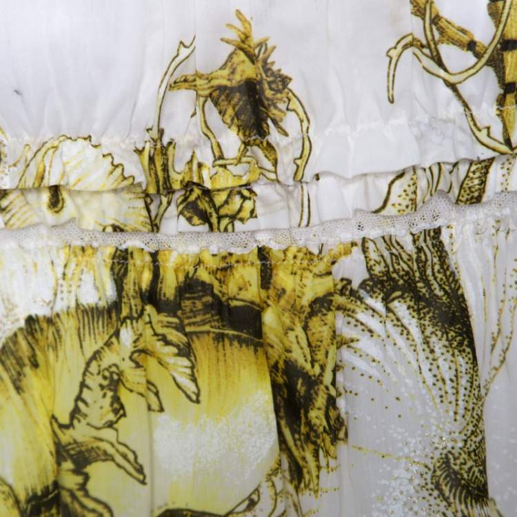 Pre Owned Roberto Cavalli White and Yellow Floral Printed Cotton Off Shoulder Blouse M