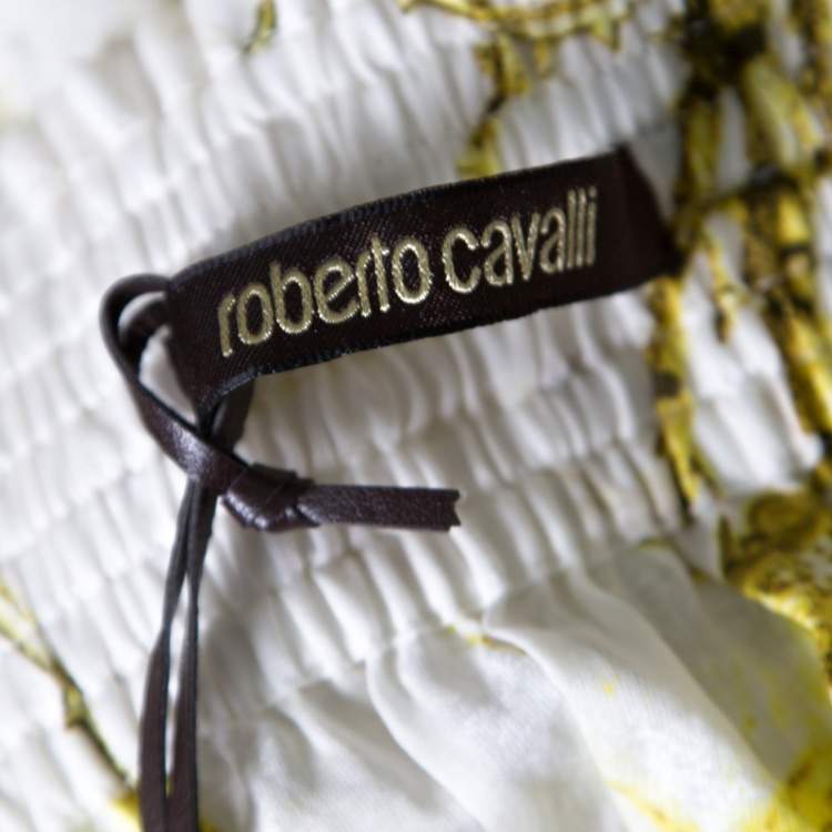 Pre Owned Roberto Cavalli White and Yellow Floral Printed Cotton Off Shoulder Blouse M