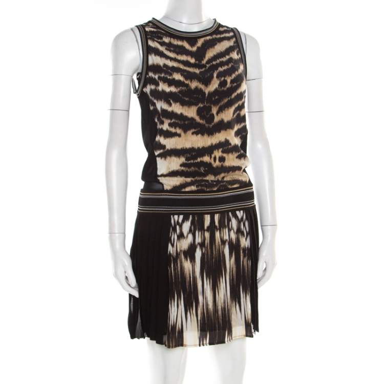 Pre Owned Roberto Cavalli Black and Brown Animal Printed Silk Pleated Sleeveless Dress S 
