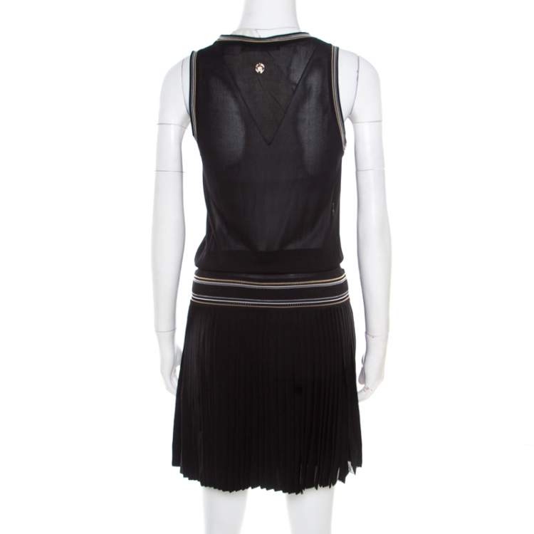 Pre Owned Roberto Cavalli Black and Brown Animal Printed Silk Pleated Sleeveless Dress S 