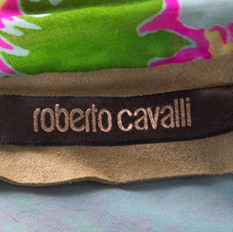 Pre Owned Roberto Cavalli Multicolor Printed Silk and Beige Suede Overlay Sleeveless Vest M 
