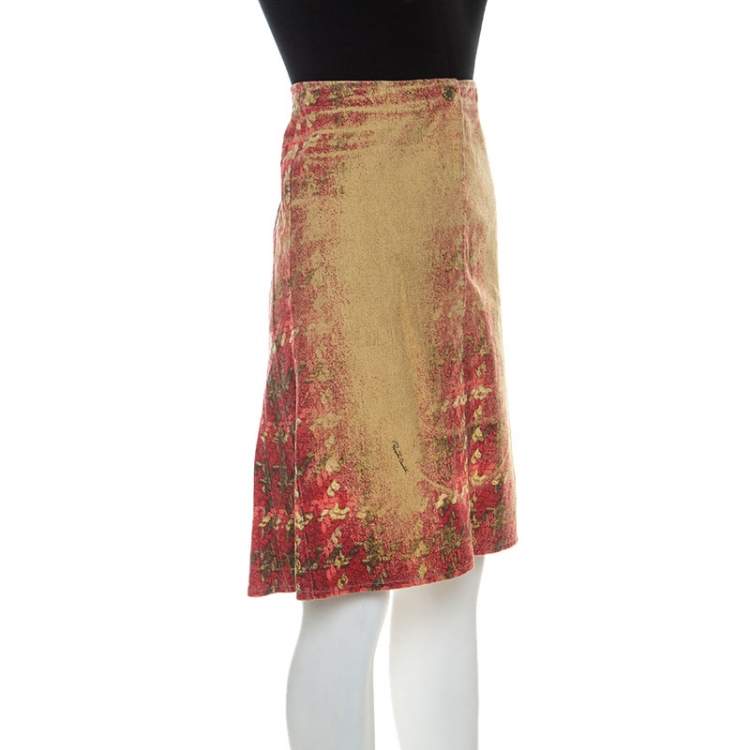 Pre Owned Roberto Cavalli Multicolor Faded Houndstooth Print Denim Skirt S