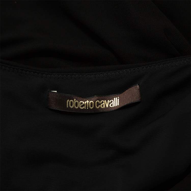 Pre Owned Roberto Cavalli Black Knit Serpent Brooch Detail Short Sleeve Top S