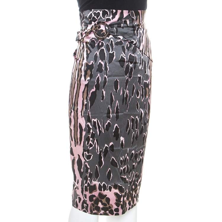 Pre Owned Roberto Cavalli Pink and Grey Animal Print Silk Midi Skirt M